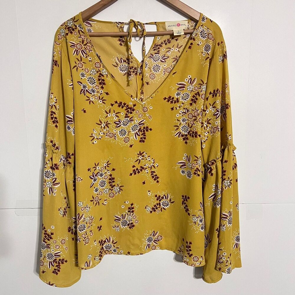 Wishful Park Womens Blouse Shirt Size L Yellow Floral Boho V-Neck Tie Around